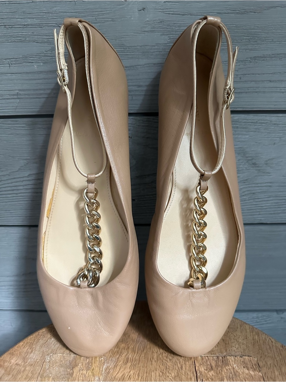 Jcrew Tan Nude Jayne Leather T Strap Ballet Flats with Gold Chain Size 8